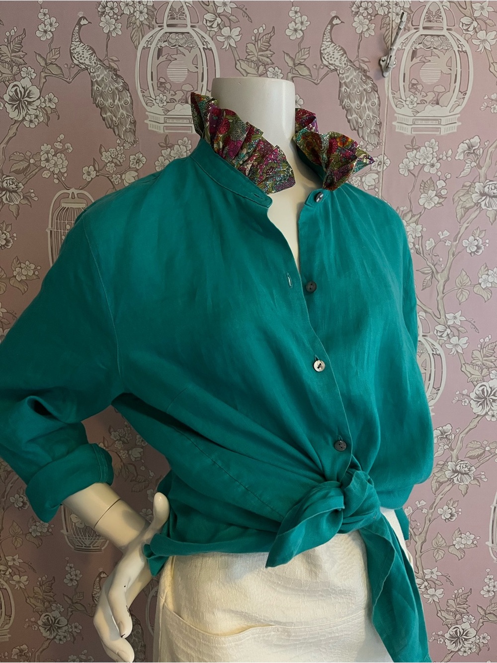 Upcycled  JJill linen woman’s teal shirt/tunic